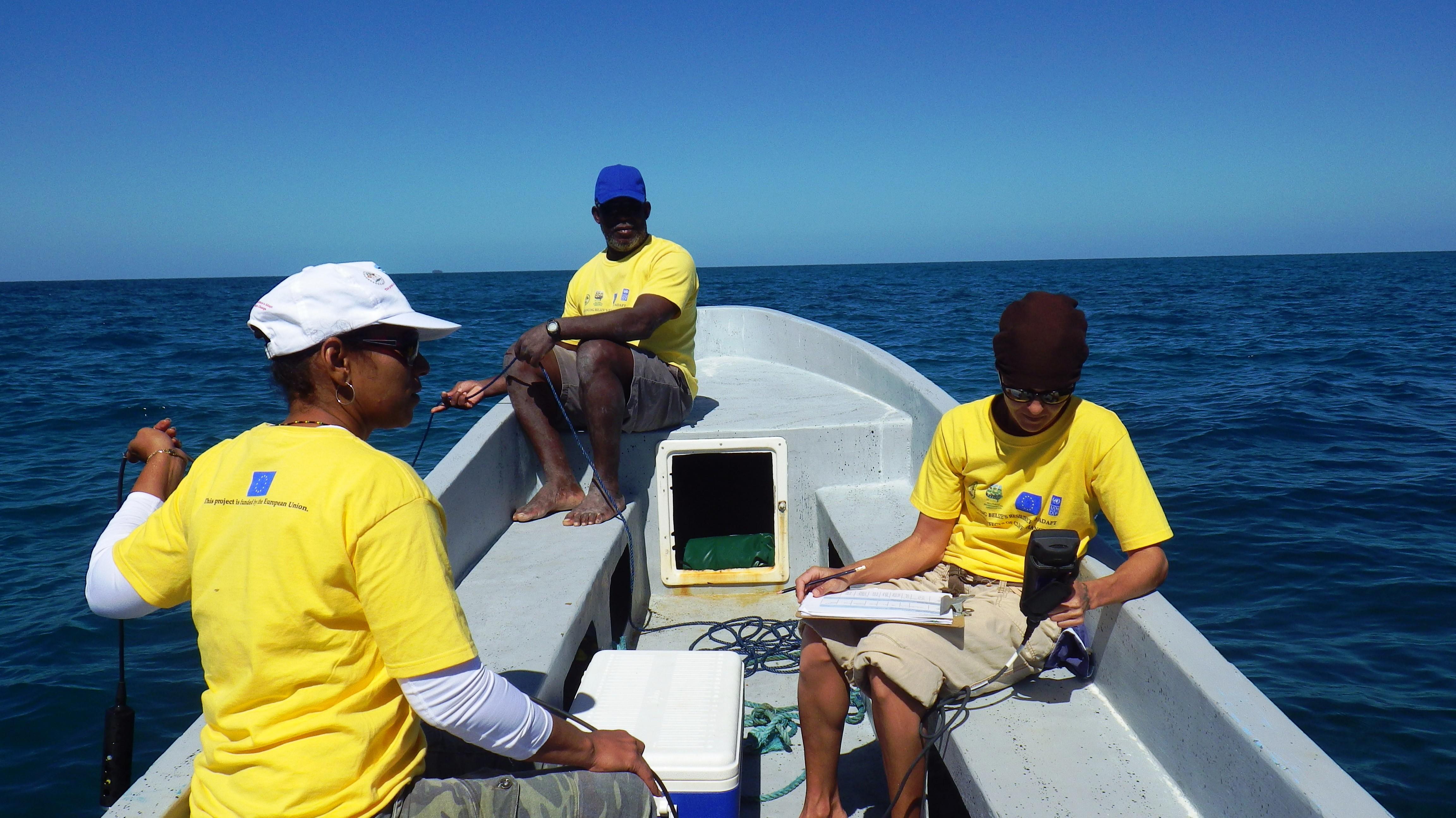 A volunteer with Projects Abroad taking a boat trip whilst also contributing to data collection whilst on a diving and marine conservation work experience project in Belize. A volunteer and local experts take a boat trip to gather some data whilst on a diving and marine conservation work experience project in Belize with Projects Abroad.